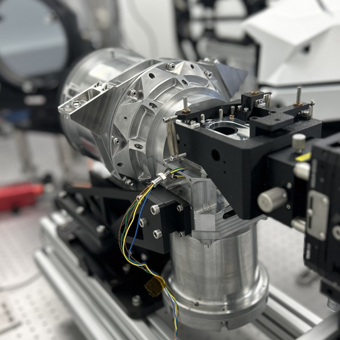 Close-up of a precision metal scientific instrument with wires and mounted on a rail system.