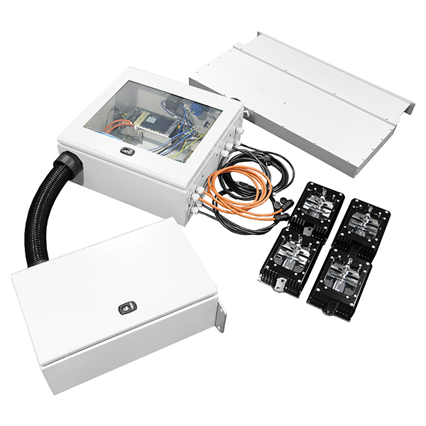 Industrial white electrical boxes with cables and metal mounting brackets on a white background.