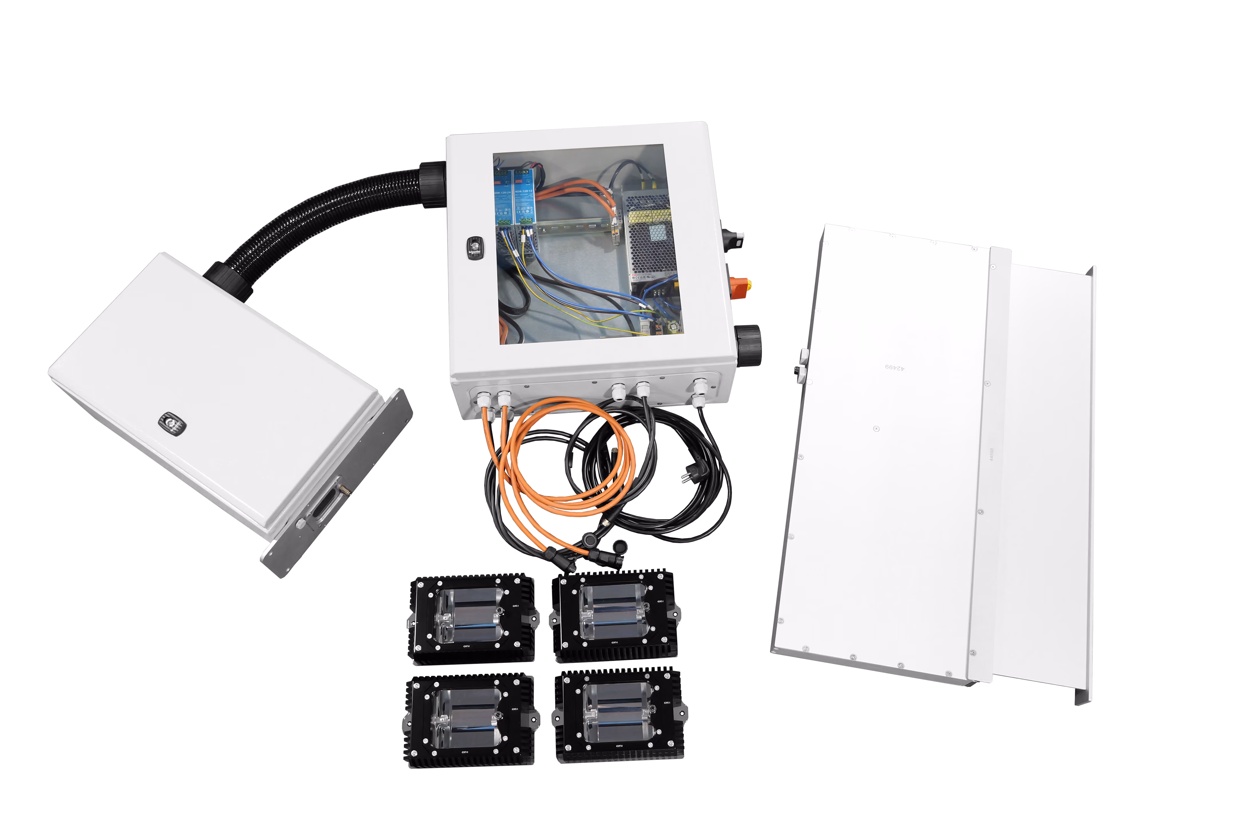 A modular toolkit for using HySpex cameras in industrial, IP65-certified environments, consisting of two gray housing boxes, a scanning stage, and four black sealed halogen lamps