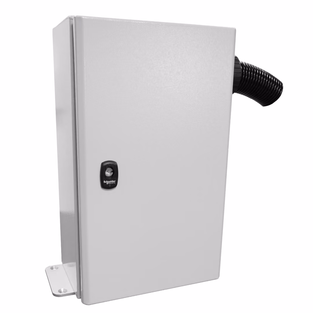 A gray metal IP65-certified box with a black coiled conduit pipe and a Schneider Electric lock, built to house a single HySpex camera in industrial settings