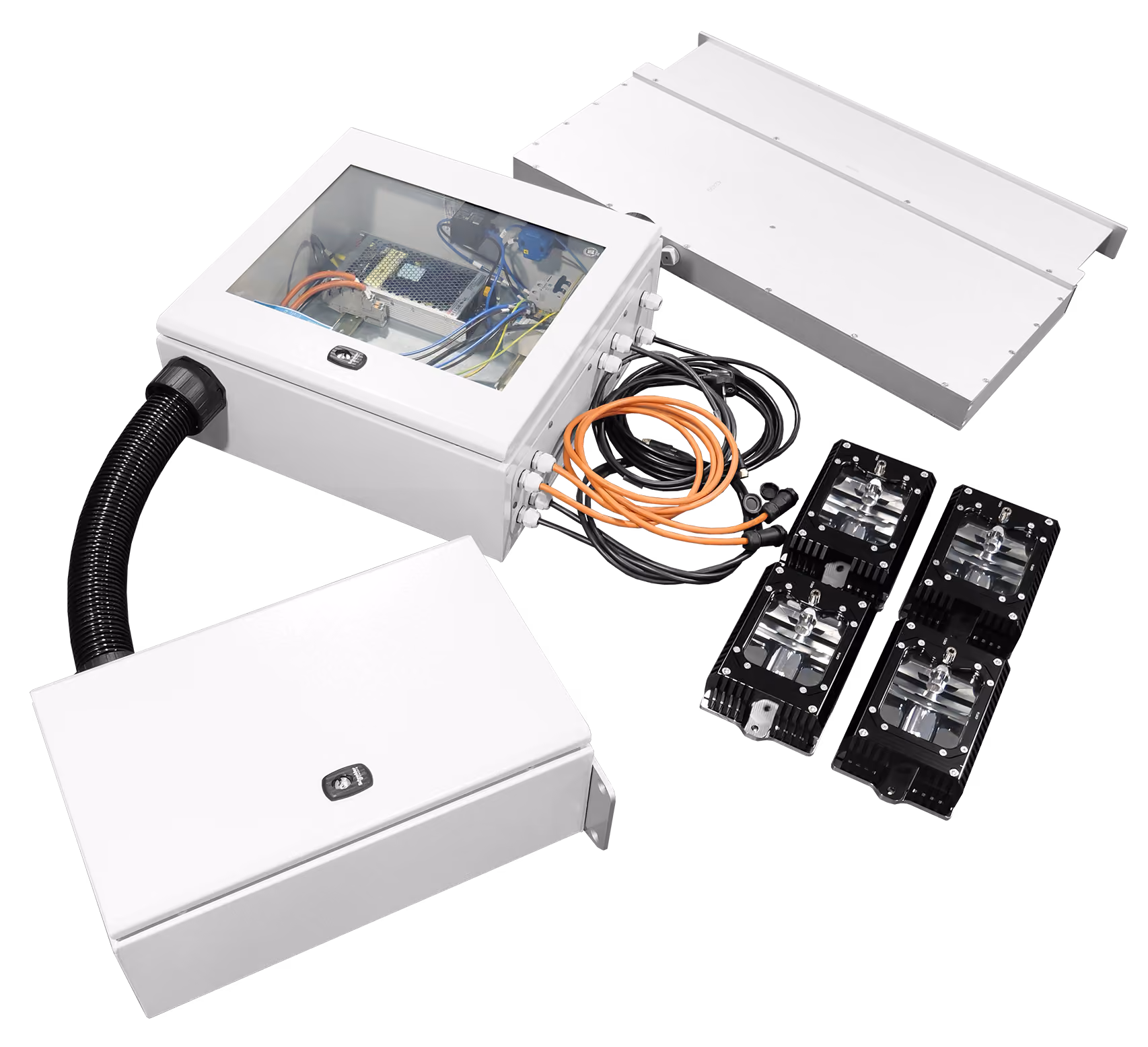 A gray metal IP65-certified box with a black coiled conduit pipe and a Schneider Electric lock, built to house a single HySpex camera in industrial settings