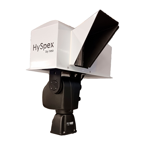 IP65-certified white HySpex by NEO industrial housing for hyperspectral cameras mounted on a swiveling base