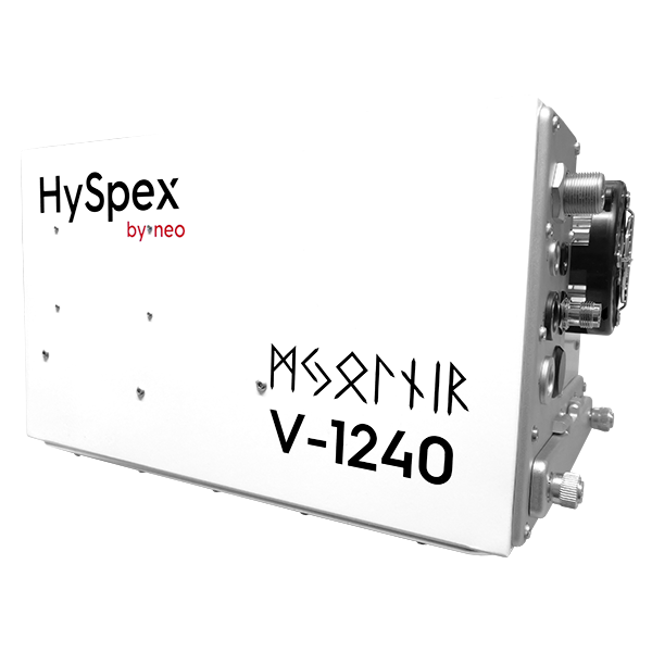 White rectangular hyperspectral camera labeled HySpex by NEO, with cooling fans and connectors, with the model name Mjolnir V-1240