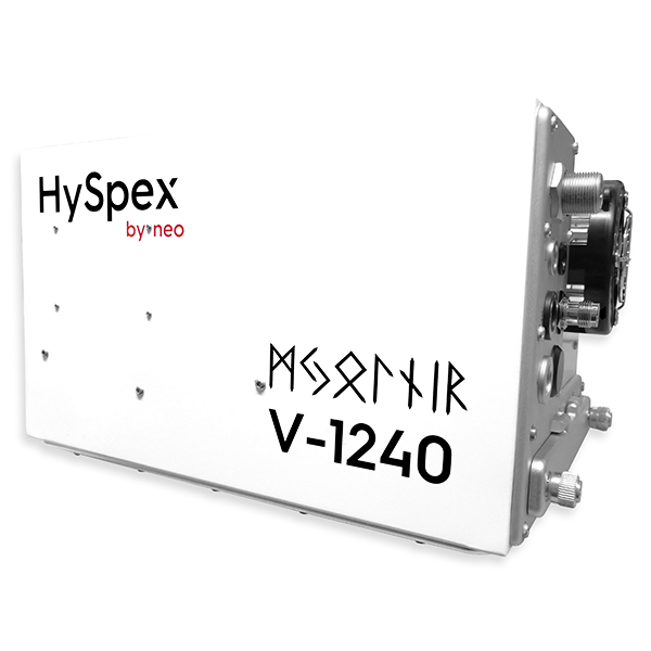 White rectangular hyperspectral camera labeled HySpex by NEO, with cooling fans and connectors, with the model name Mjolnir V-1240