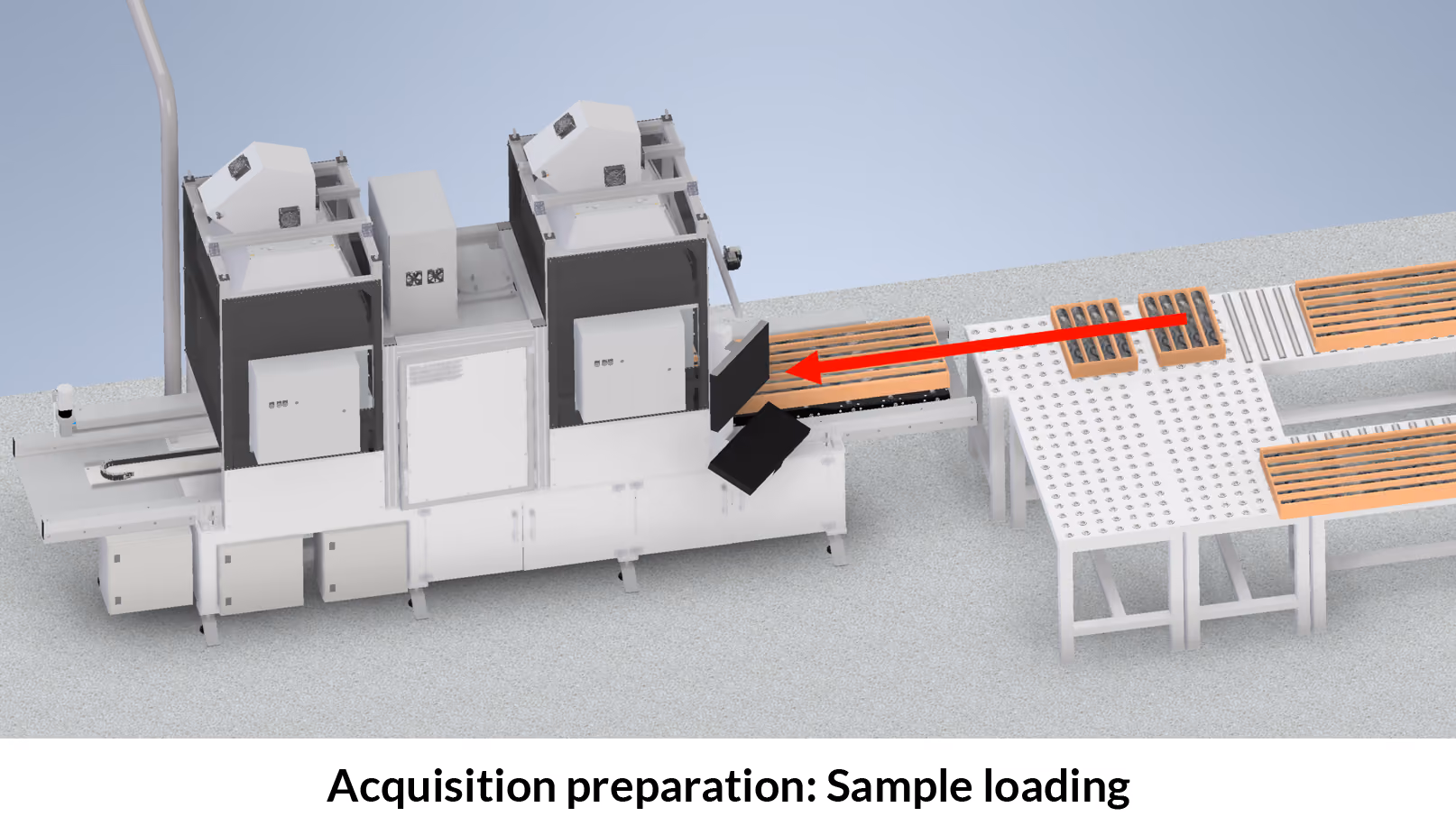 Industrial core scanning machine with two open black compartments on the front, feeding wooden planks from a conveyor belt on the right side into the machine, indicated by a red arrow pointing left.