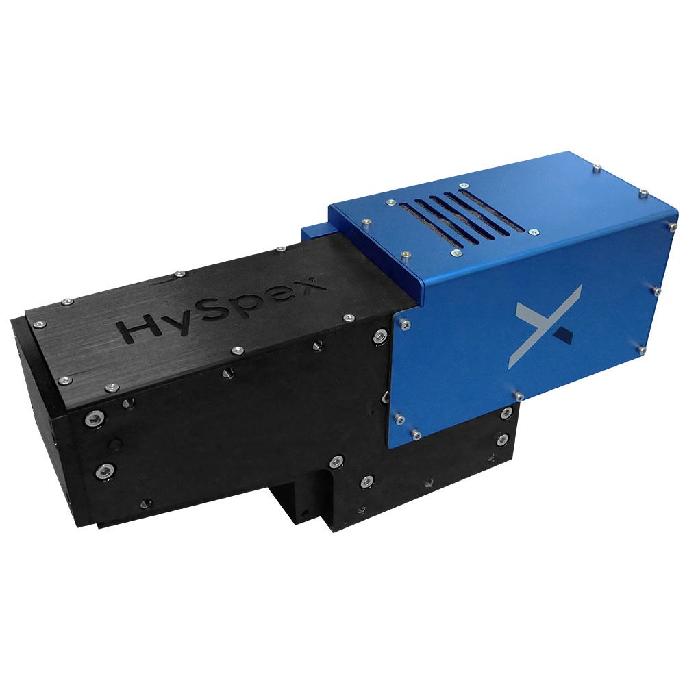 A HySpex VNIR 3000-N hyperspectral imaging camera with black and blue casing.