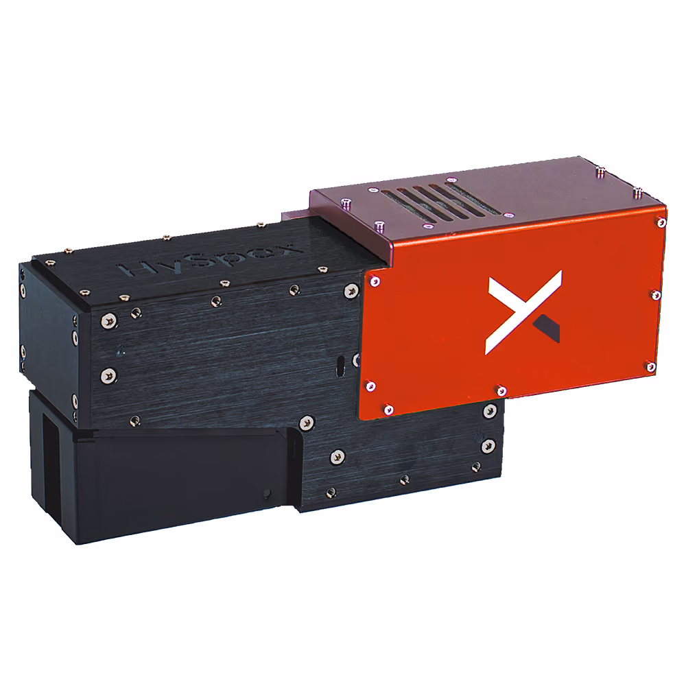 A HySpex hyperspectral camera with red casing and a stylized X logo on it