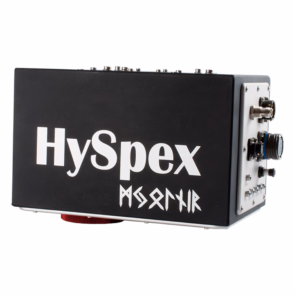 A hyperspectral camera in black casing with "HySpex" written on the front and "Mjolnir" in a stylized rune-style font