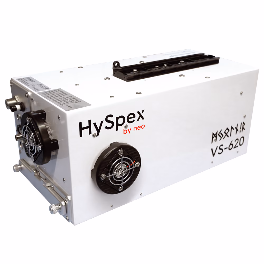 White rectangular hyperspectral camera from HySpex by NEO with ventilation fans and model name VS-620 on the side.