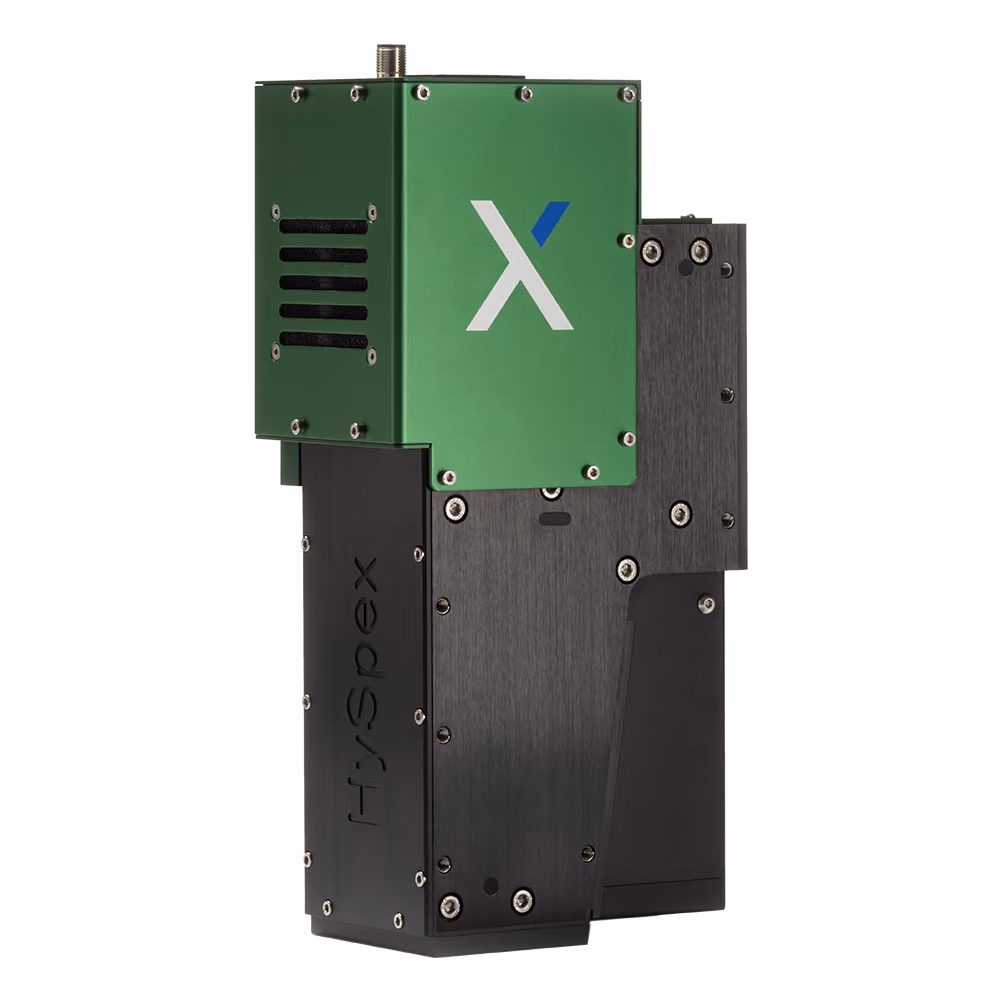 A hyperspectral camera with black and green casing and a stylized "X" on the front