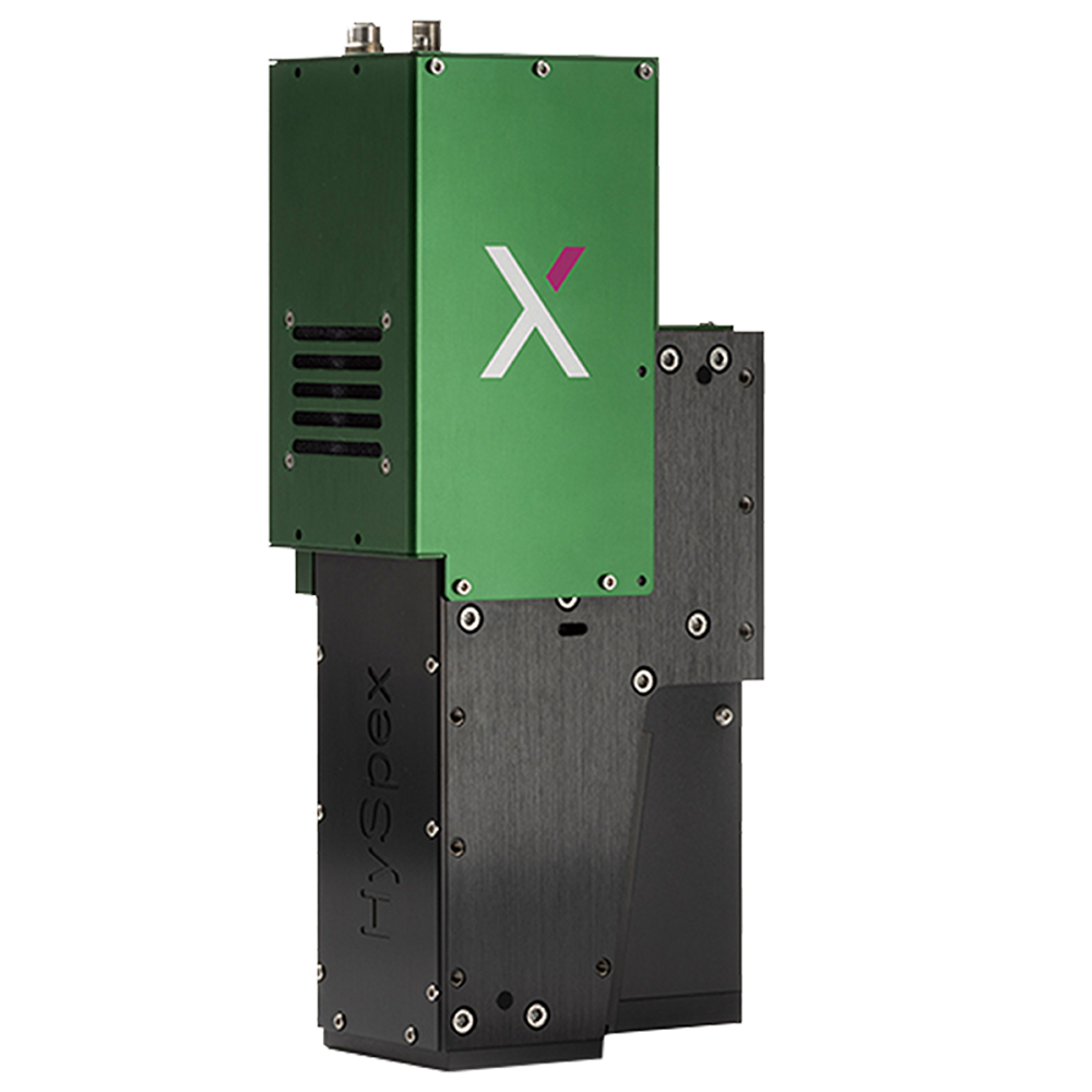 A hyperspectral camera with black and green casing and a stylized "X" on the front