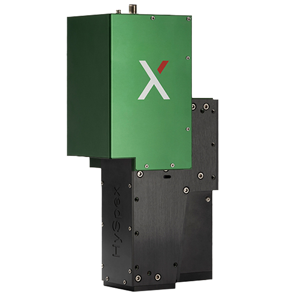 A hyperspectral camera with black and green casing and a stylized "X" on the front