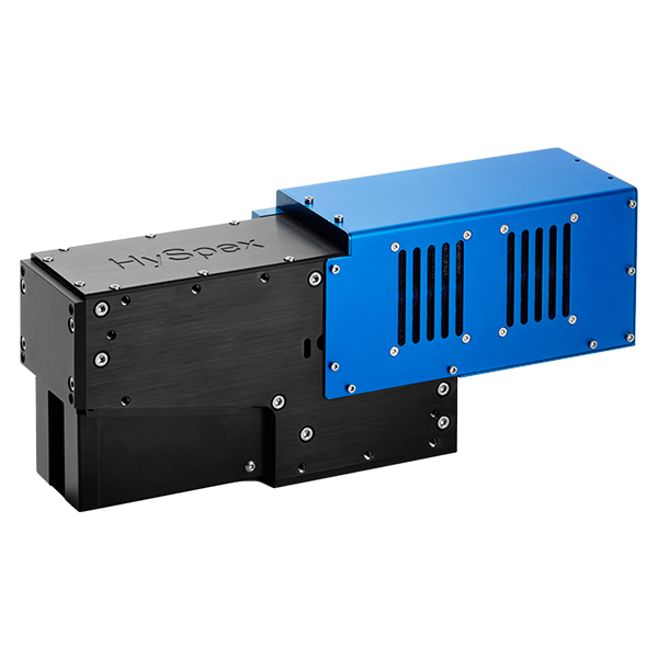 A hyperspectral camera with black and blue casing