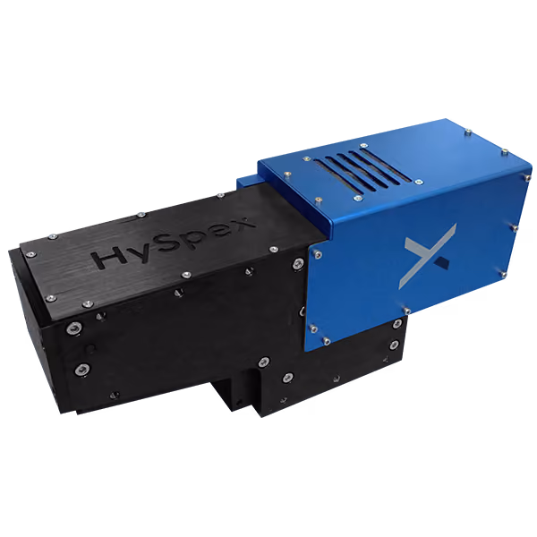 A HySpex VNIR 3000-N hyperspectral imaging camera with black and blue casing.