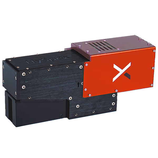 A hyperspectral camera with black and red casing and a stylized "X" on the front