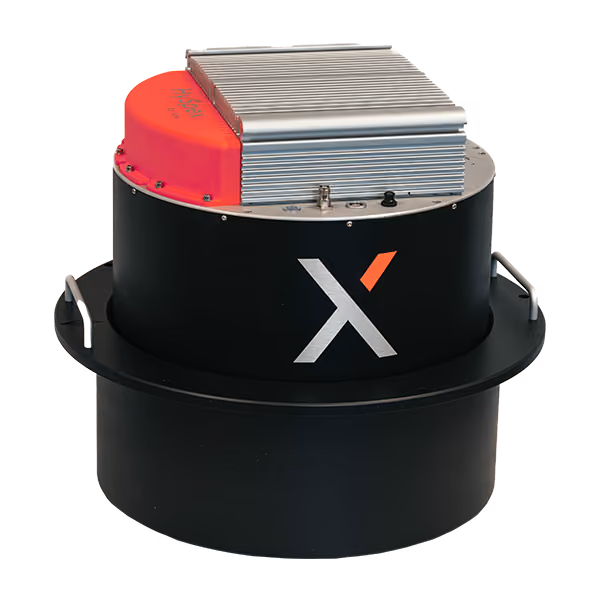 A round hyperspectral camera with black and red casing and a stylized "X" on the front