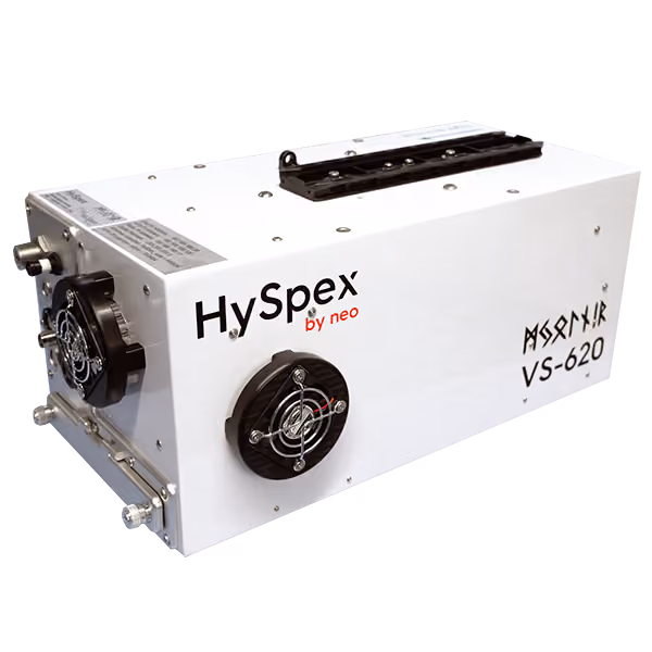 White rectangular hyperspectral camera labeled HySpex by NEO, with cooling fans and connectors, with the model name Mjolnir VS-620