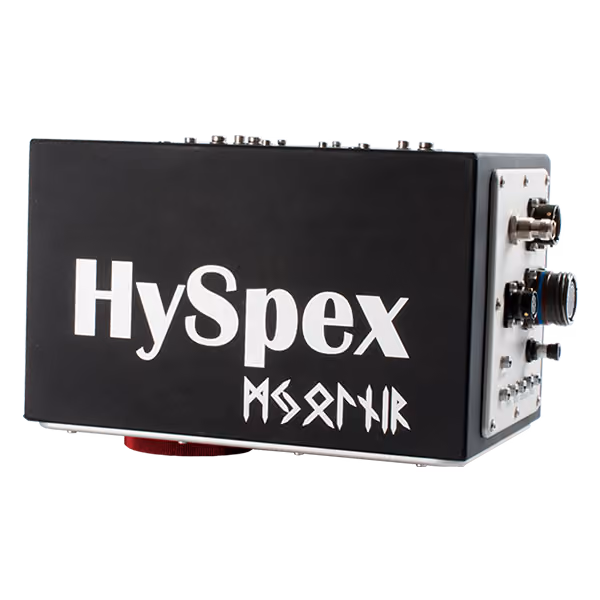 A black hyperspectral camera with "HySpex" and "Mjolnir" written on the front