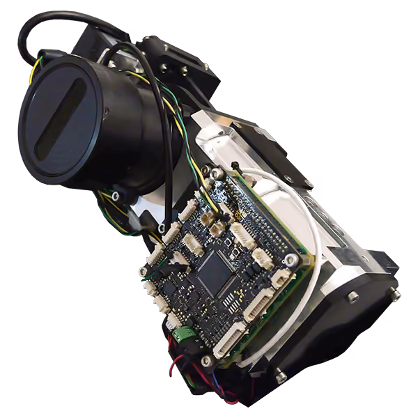 A compact hyperspectral camera without casing, showing wires and circuit boards