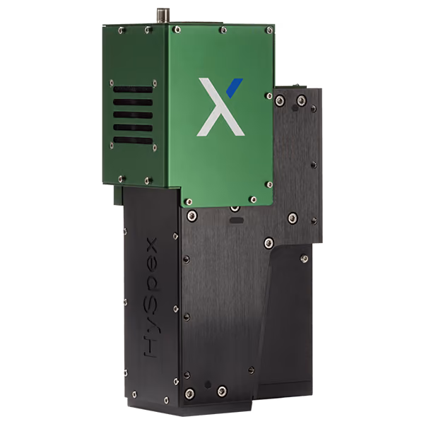 A hyperspectral camera with black and green casing and a stylized "X" on the front