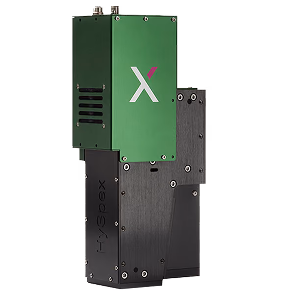 A hyperspectral camera with black and green casing and a stylized "X" on the front