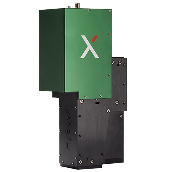 A hyperspectral camera with black and green casing and a stylized "X" on the front