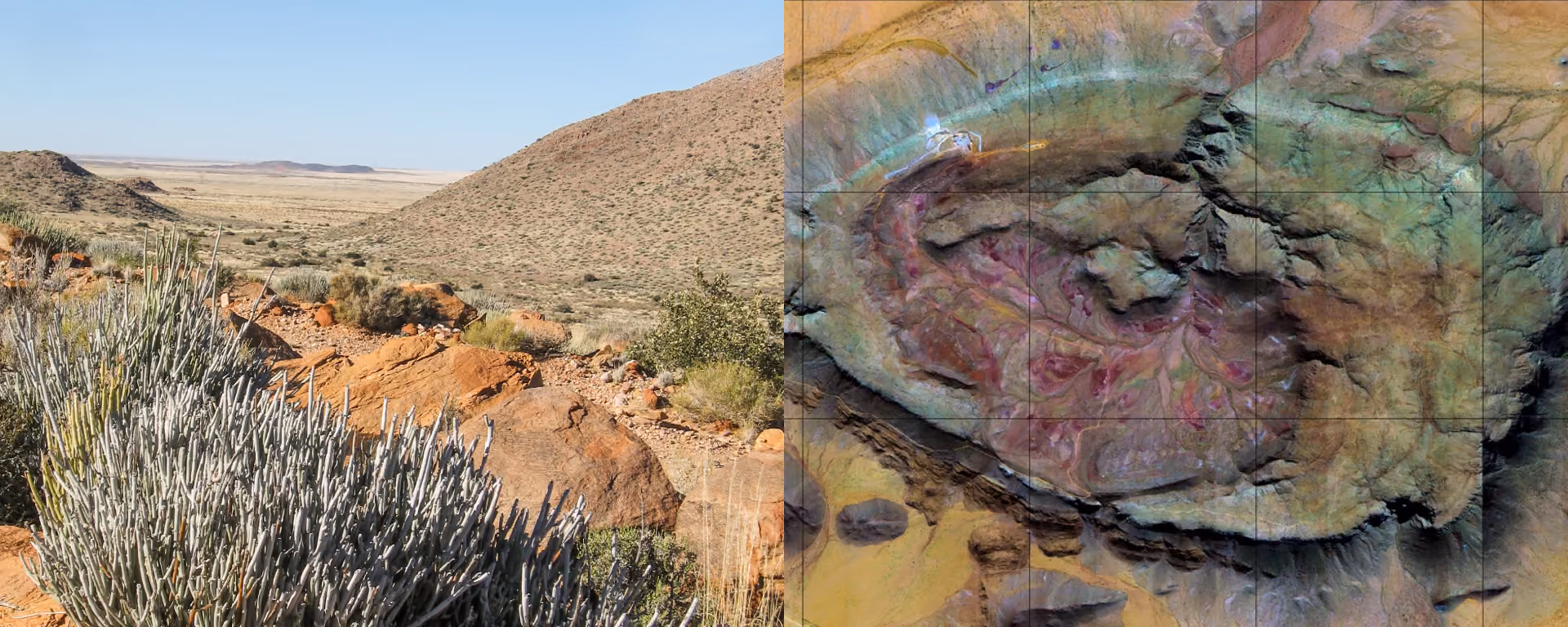 An image split in two halves, one side showing a hilly dry looking terrain with rocks and various shrubs and plants, the other image showing an aerial photo of a nearby ore deposit