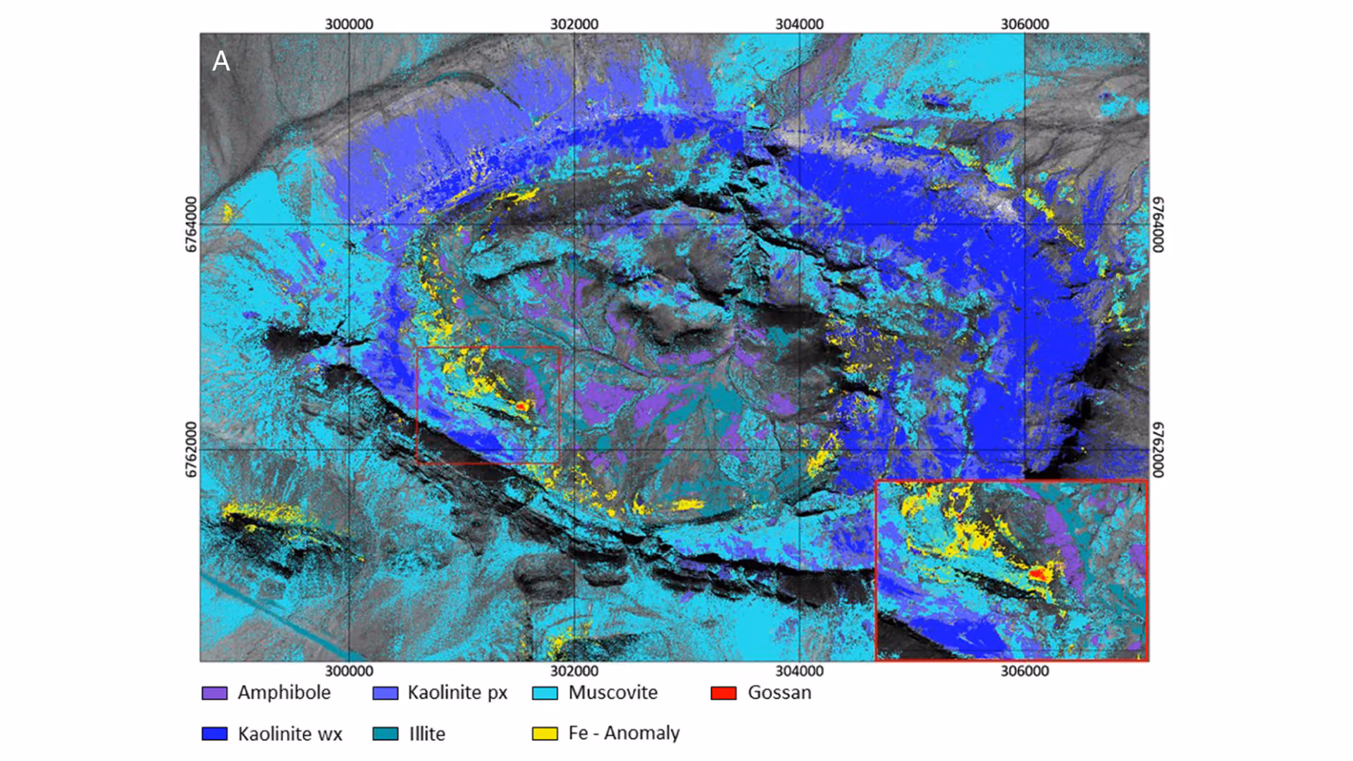 Spectral analysis featuring rows of drill chips, divided into false-color RGB chips at the top and mineral mapping based on USGS MICA classification on the bottom, with a legend on the right hand side mapping specific minerals to specific colors in the analysis