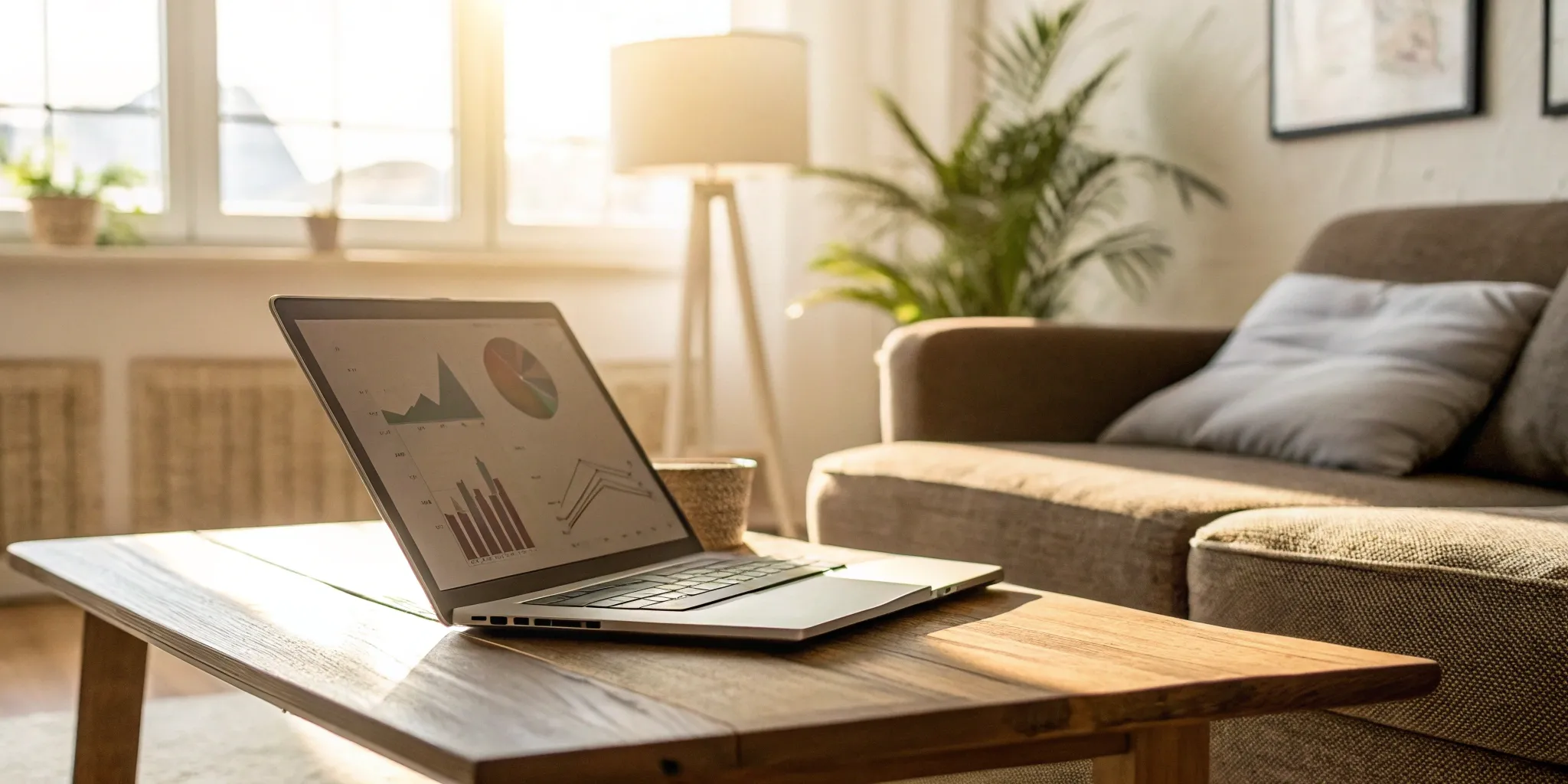 A landlord reviews a portable tenant screening report with graphs and charts on a laptop in their living room.