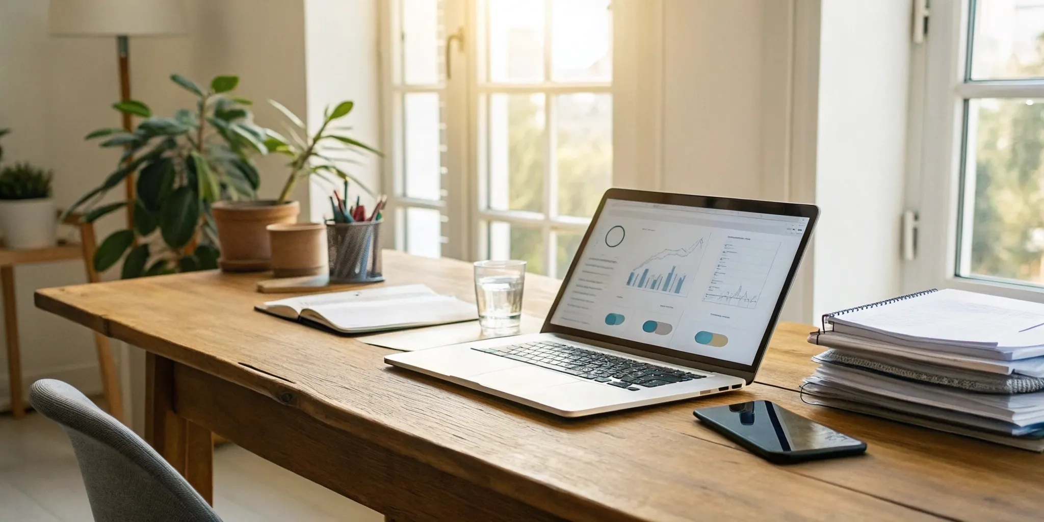 A laptop on a desk displays graphs for an article comparing the top 5 PTSR-compliant tenant screening companies.