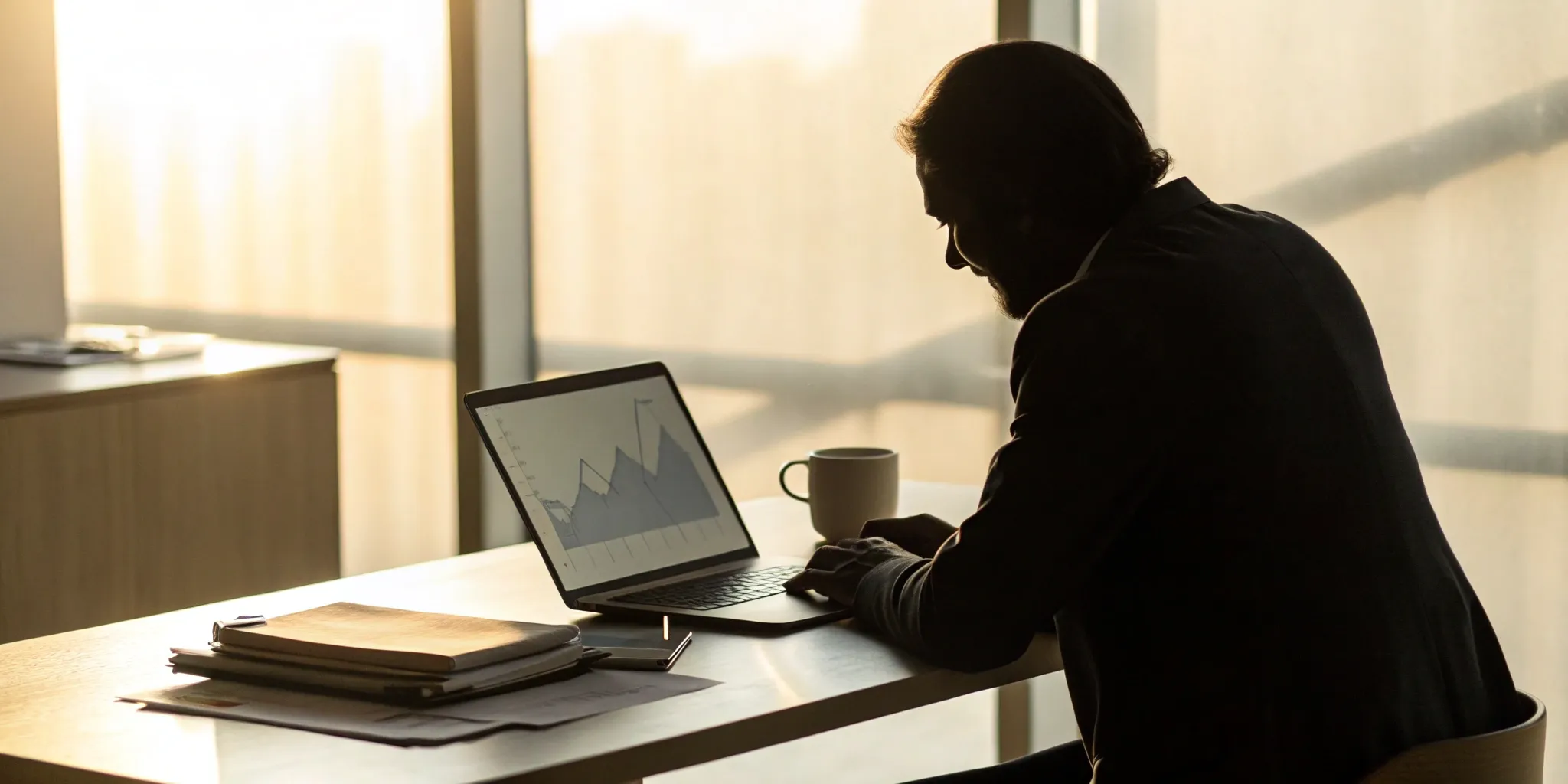 A person at a sunlit desk uses a laptop to run a background check on themself before submitting a rental application.
