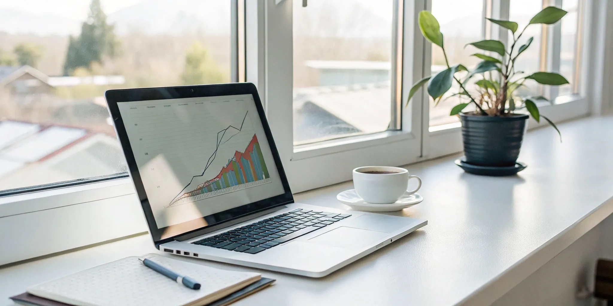 Laptop on a windowsill showing a graph, illustrating a guide to managing online rental applications for multiple properties.