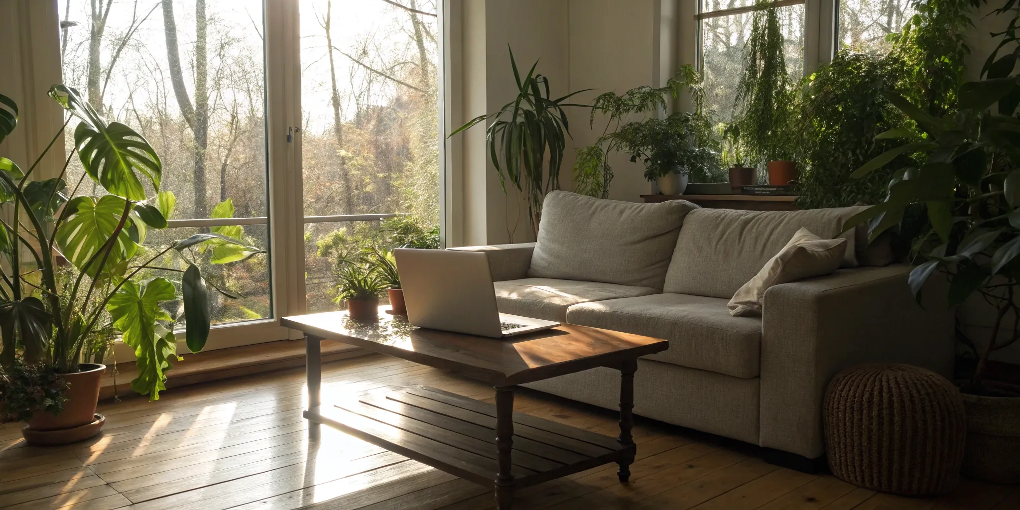 Laptop on a coffee table in a living room for completing a portable rental application.
