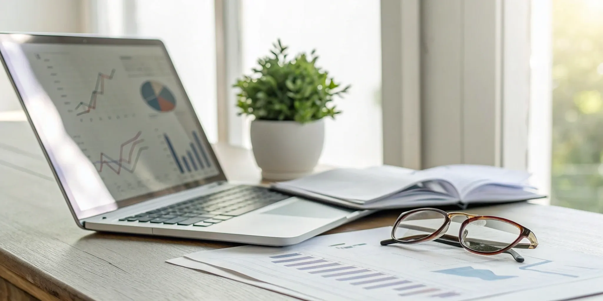 A person checking their tenant screening report on a laptop with paperwork and glasses on a desk.