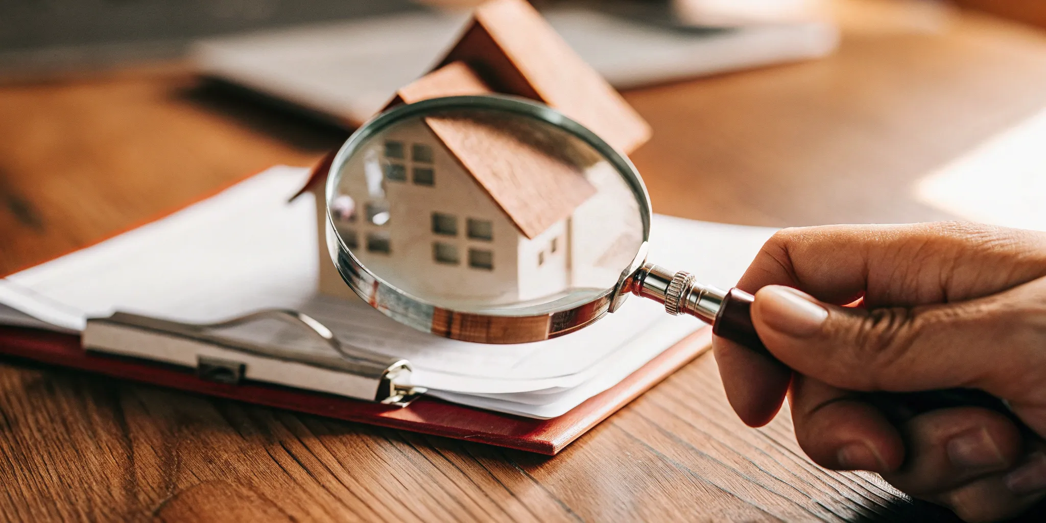 Landlord using a magnifying glass to check a tenant's eviction history on a report.
