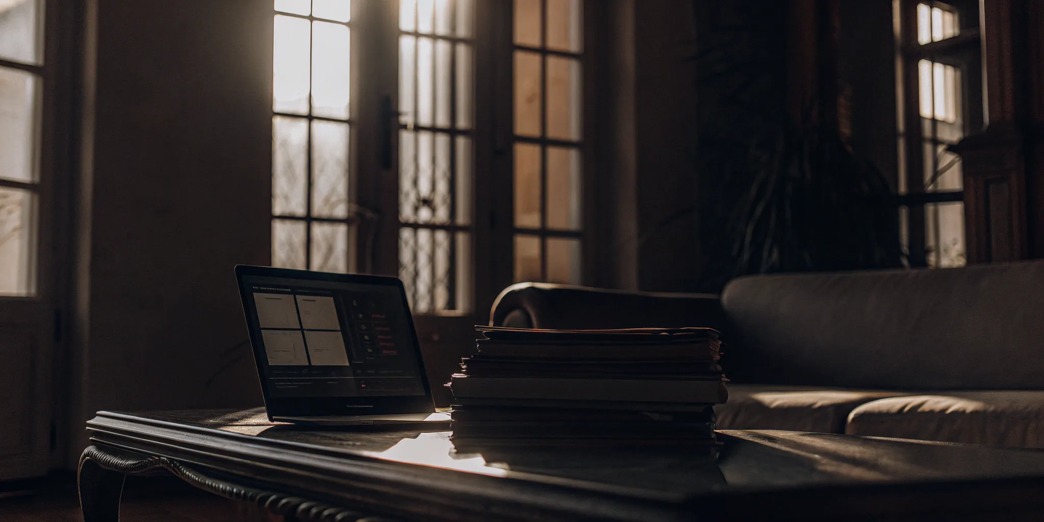 A landlord reviewing a tenant scorecard on a laptop with application papers.