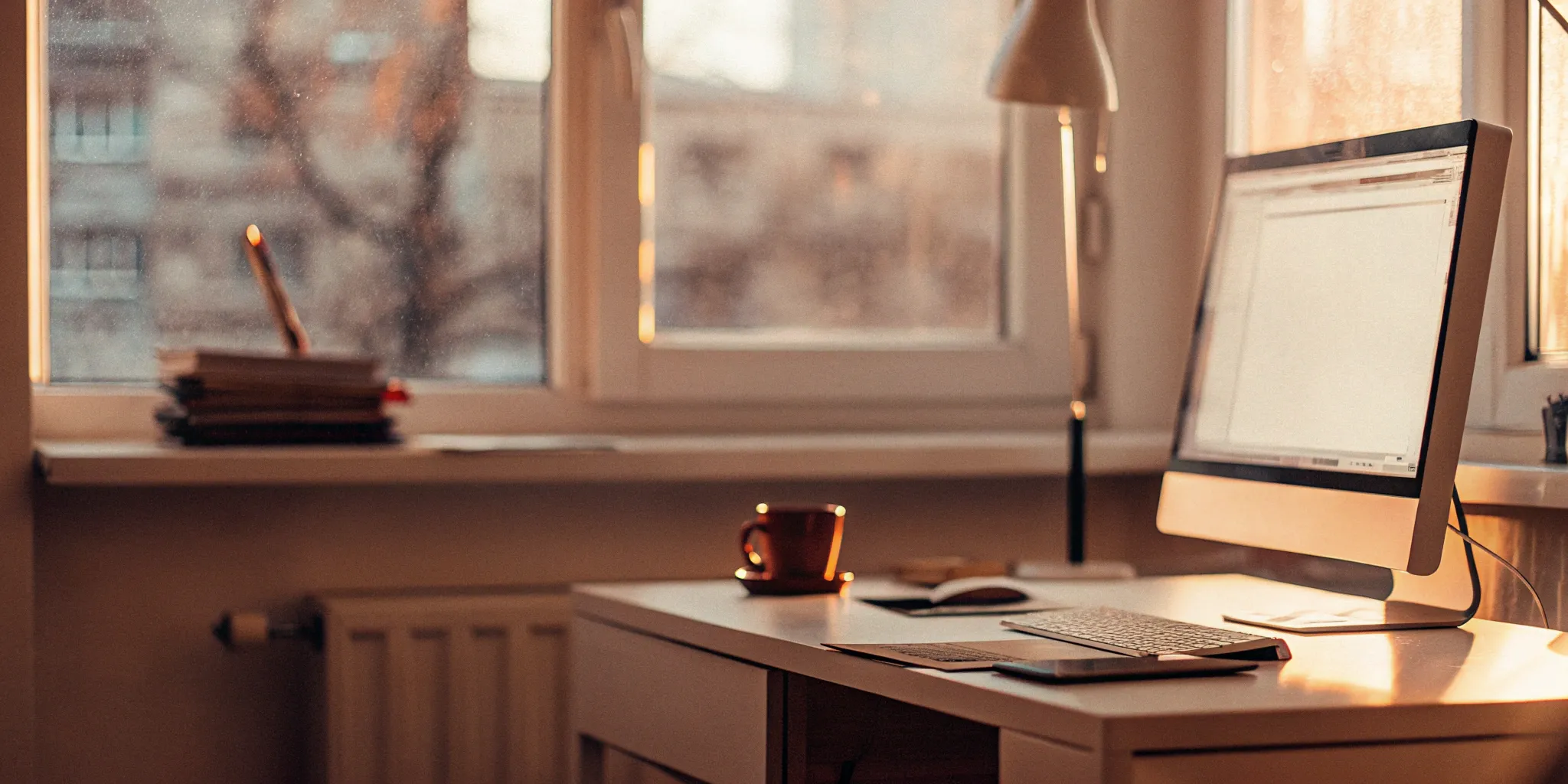 A landlord's desk with a computer and paperwork for free tenant screening services.