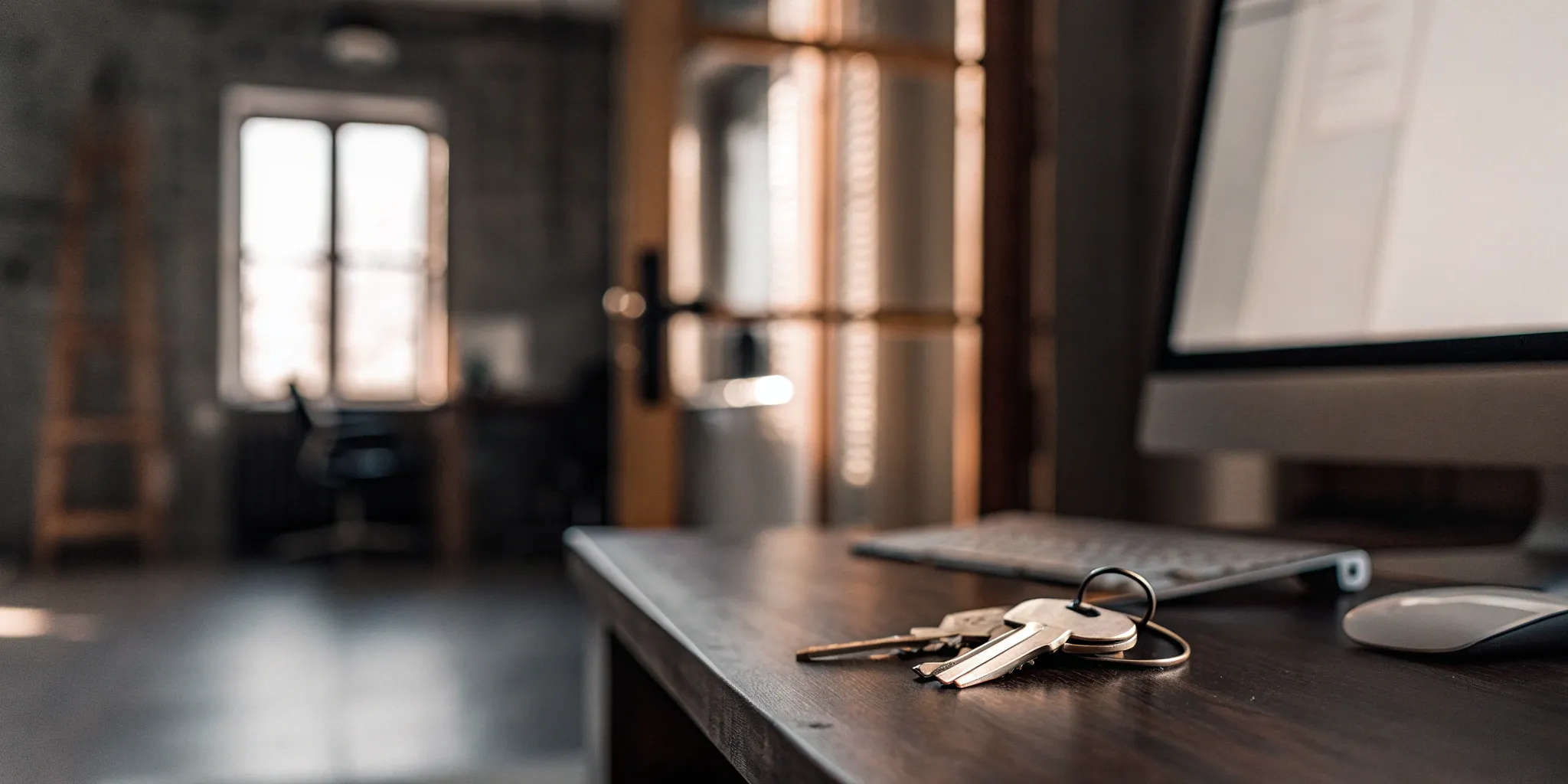 Landlord using a computer for nationwide tenant screening services with apartment keys on the desk.