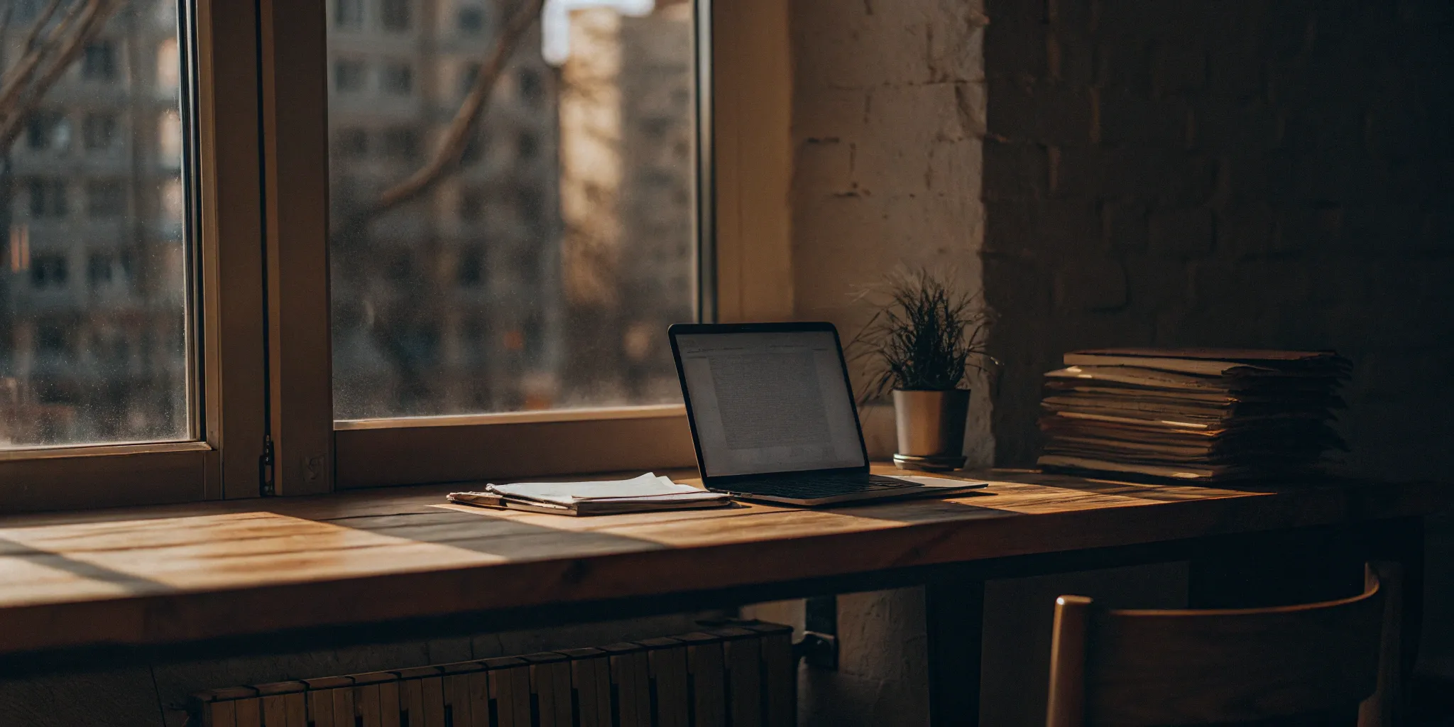 A landlord's desk with a laptop and paperwork for tenant screening laws.