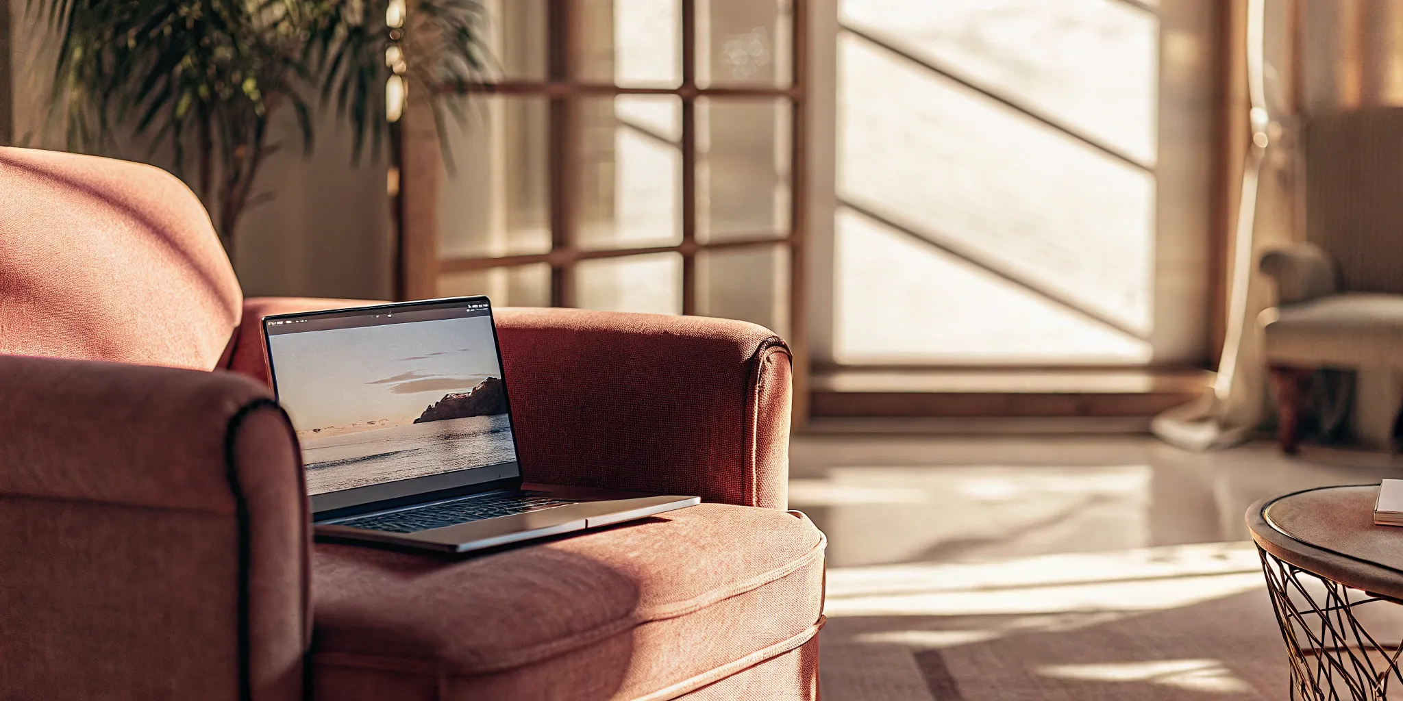 A tenant uses a laptop in their sunlit living room to make an inquiry about their rental.