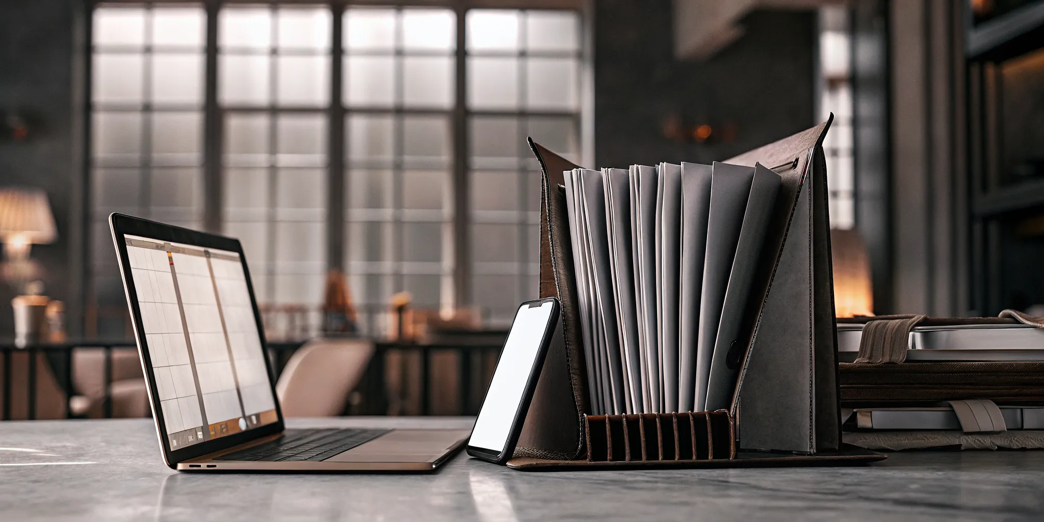 Landlord using a tenant screening service on a laptop at an organized desk.