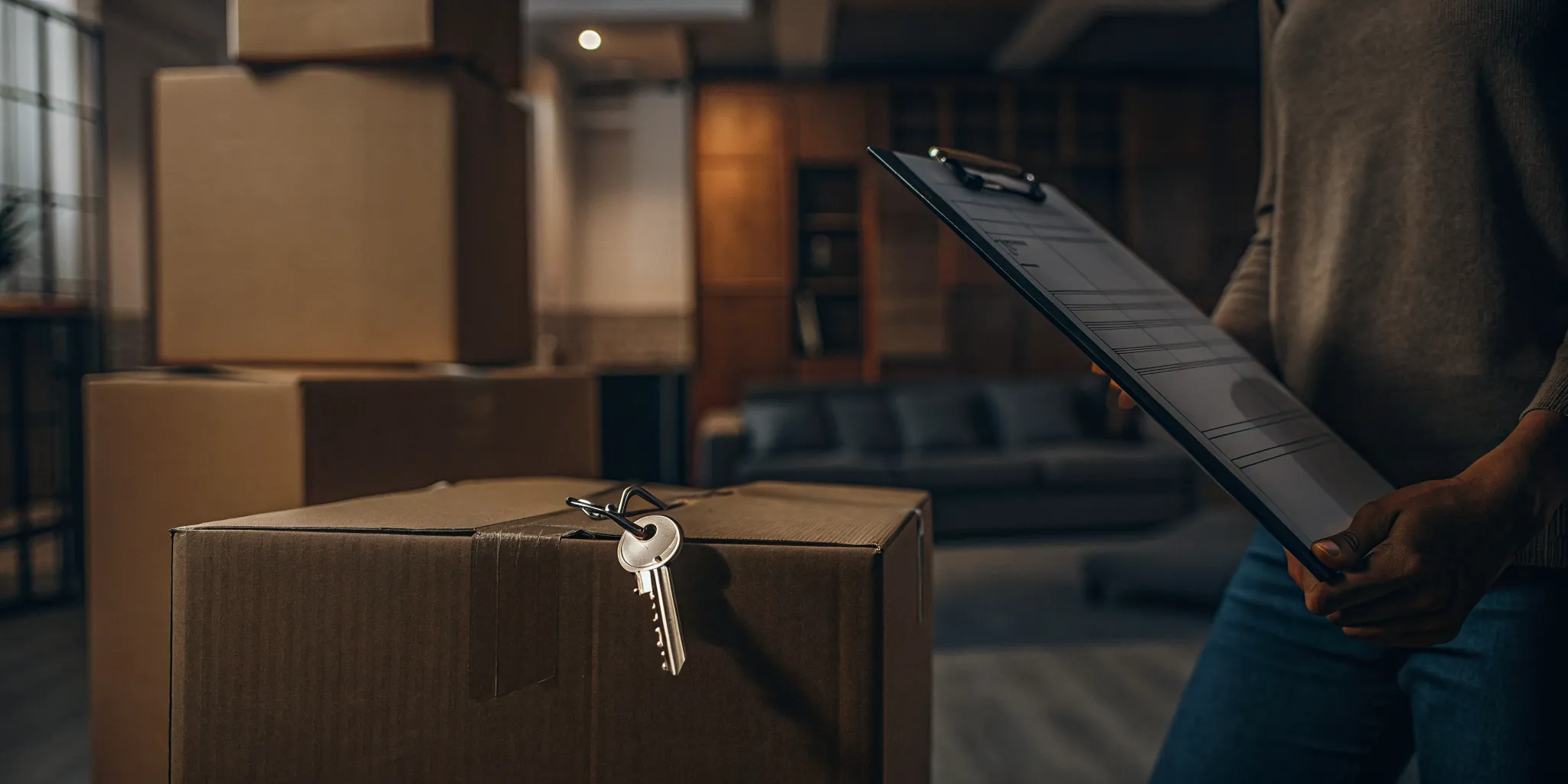 A renter's move out checklist with moving boxes and a house key.