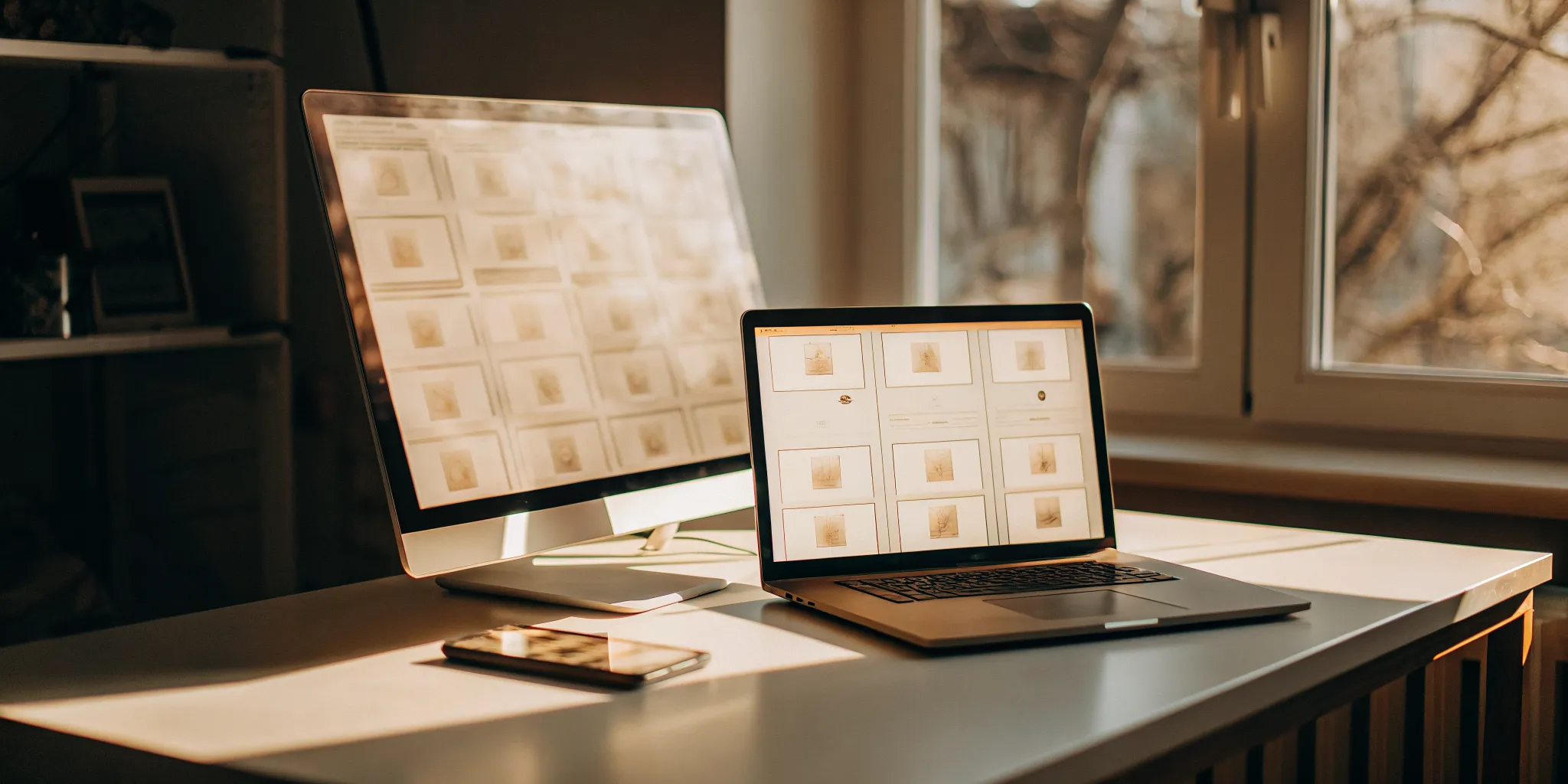 A tenant report on dual computer screens and a smartphone for multiple rental applications.