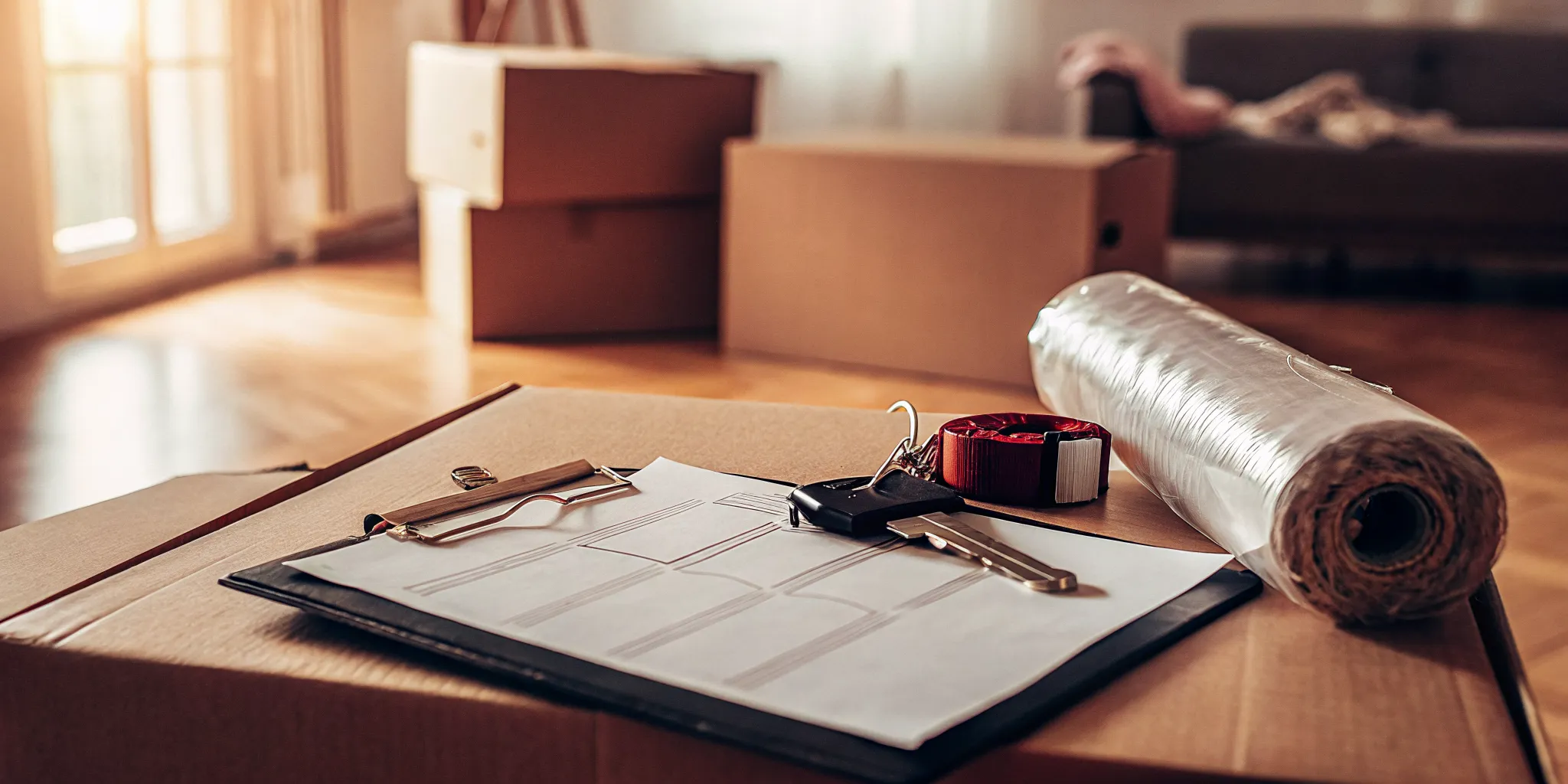 Clipboard with tenant move out instructions, keys, and moving boxes.