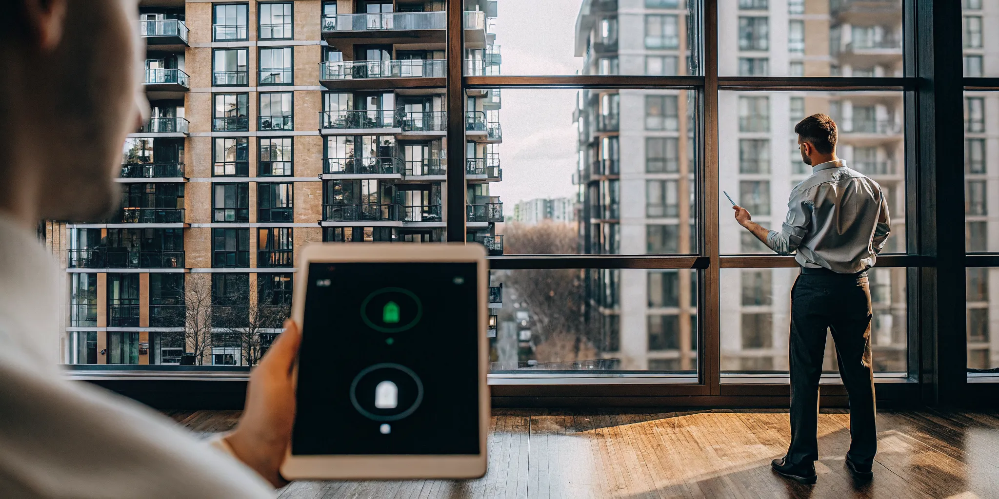 A renter shares his portable background check with a landlord on a tablet in a modern apartment.