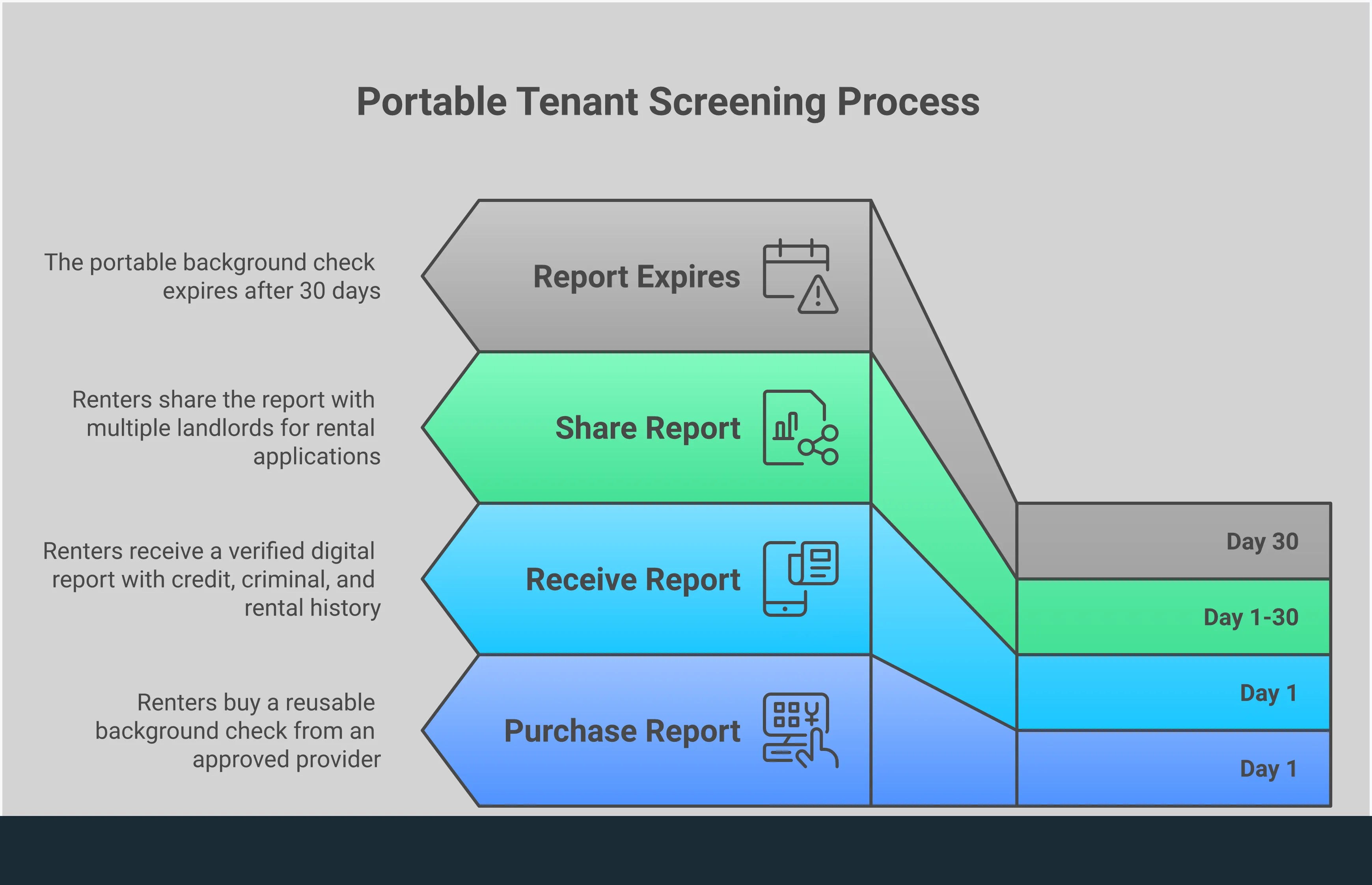 Portable Background Check: Rental Game-Changer Infographic explaining portable background checks for rental applications, showing the process from purchase to sharing with multiple landlords, highlighting cost savings and efficiency benefits for renters in competitive housing markets