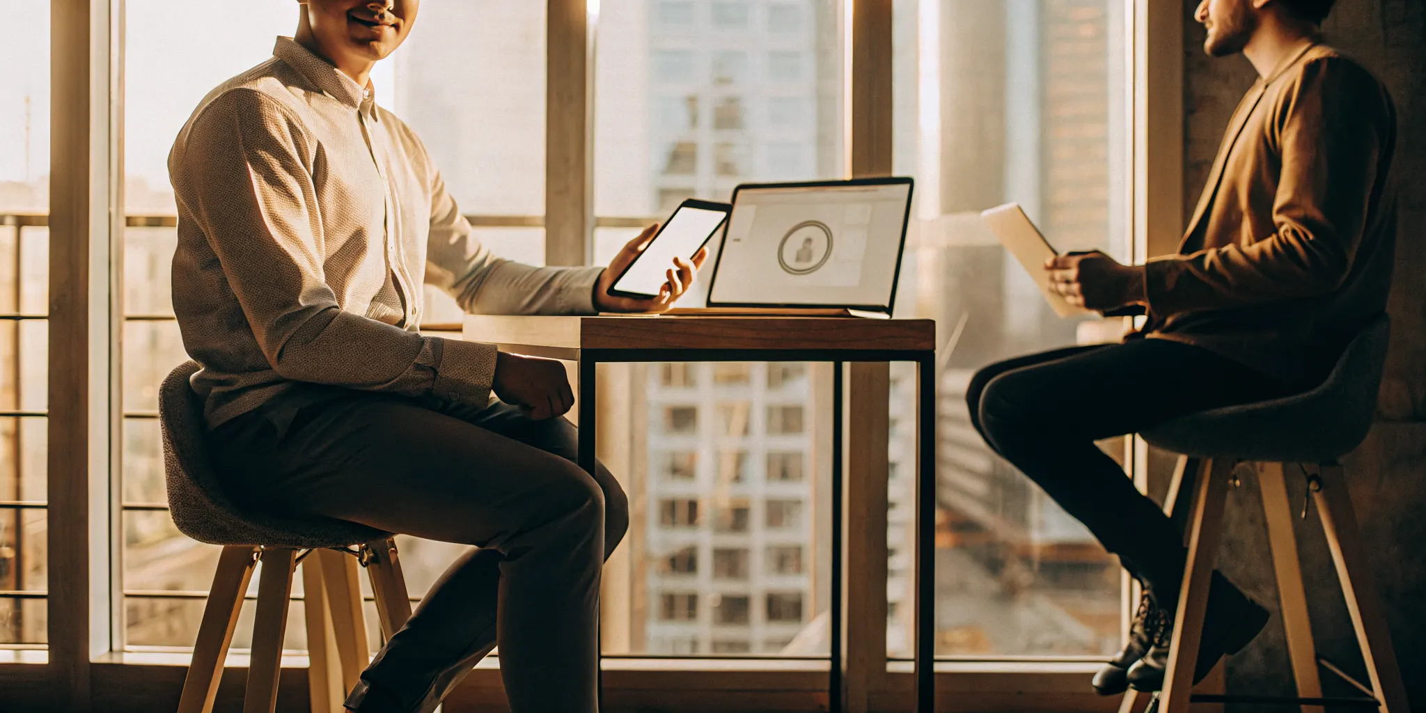 People reviewing a tenant controlled background check service on a laptop.