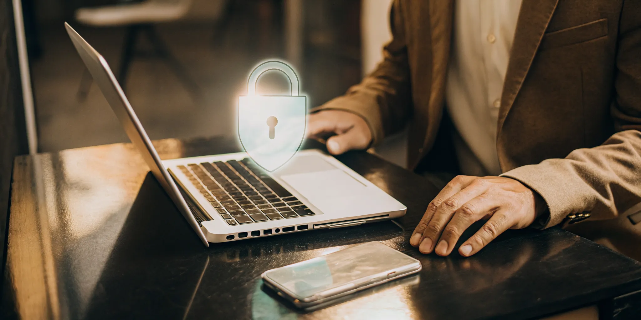 A landlord performs secure tenant data verification on a laptop with a padlock icon.