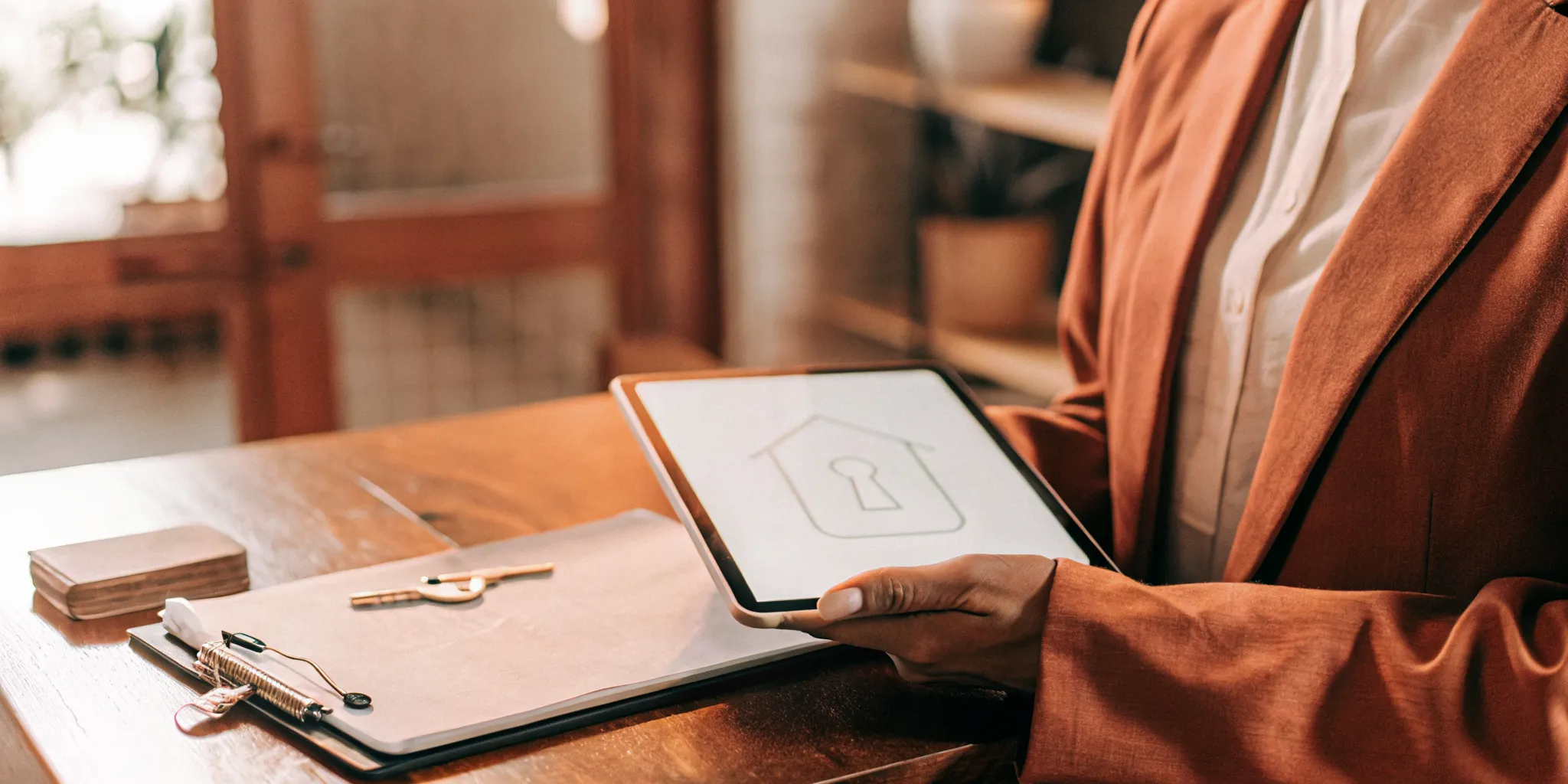 A landlord reviews a secure tenant screening report on a tablet for potential renters.