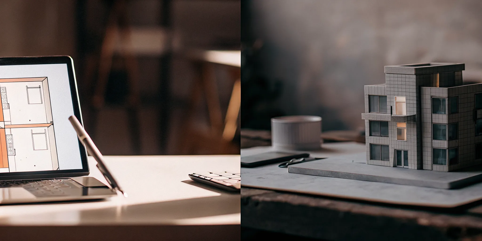 The difference between regular and portable tenant screening shown on a laptop next to a building model.